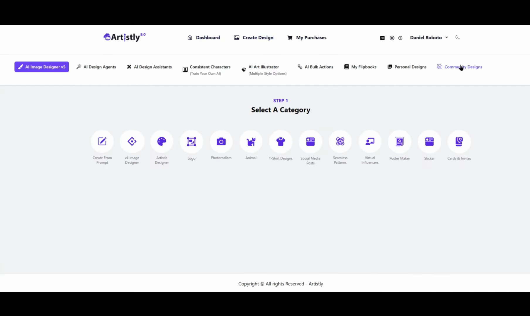 The main tool selection screen in Artistly's AI Image Designer, showing categories like "Create From Prompt," "Logo," and "Consistent Characters."