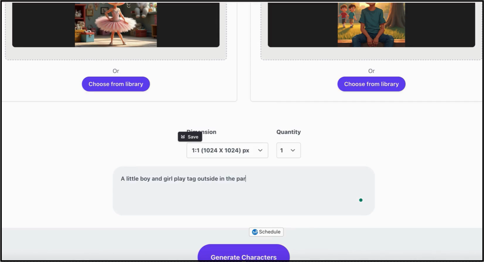 The Artistly interface for creating multiple consistent characters, showing input images of a ballerina and a boy, with a text prompt below.