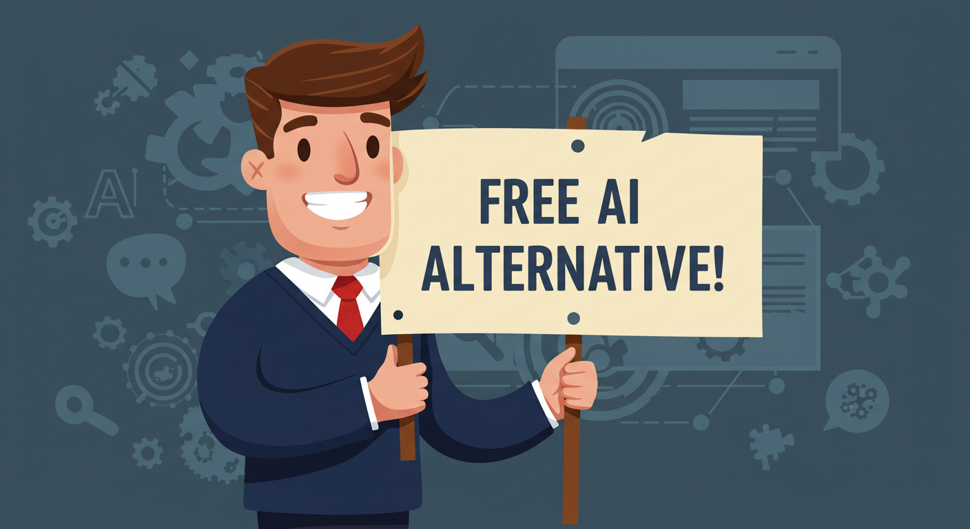 A smiling cartoon man in a suit holding a sign that reads "FREE AI ALTERNATIVE!".