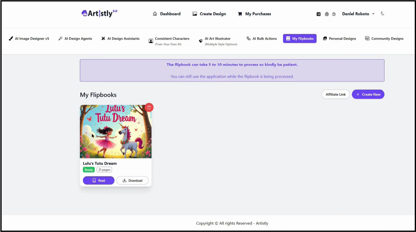 The "My Flipbooks" page within the Artistly dashboard, showing a created storybook titled "Lulu's Tutu Dream."