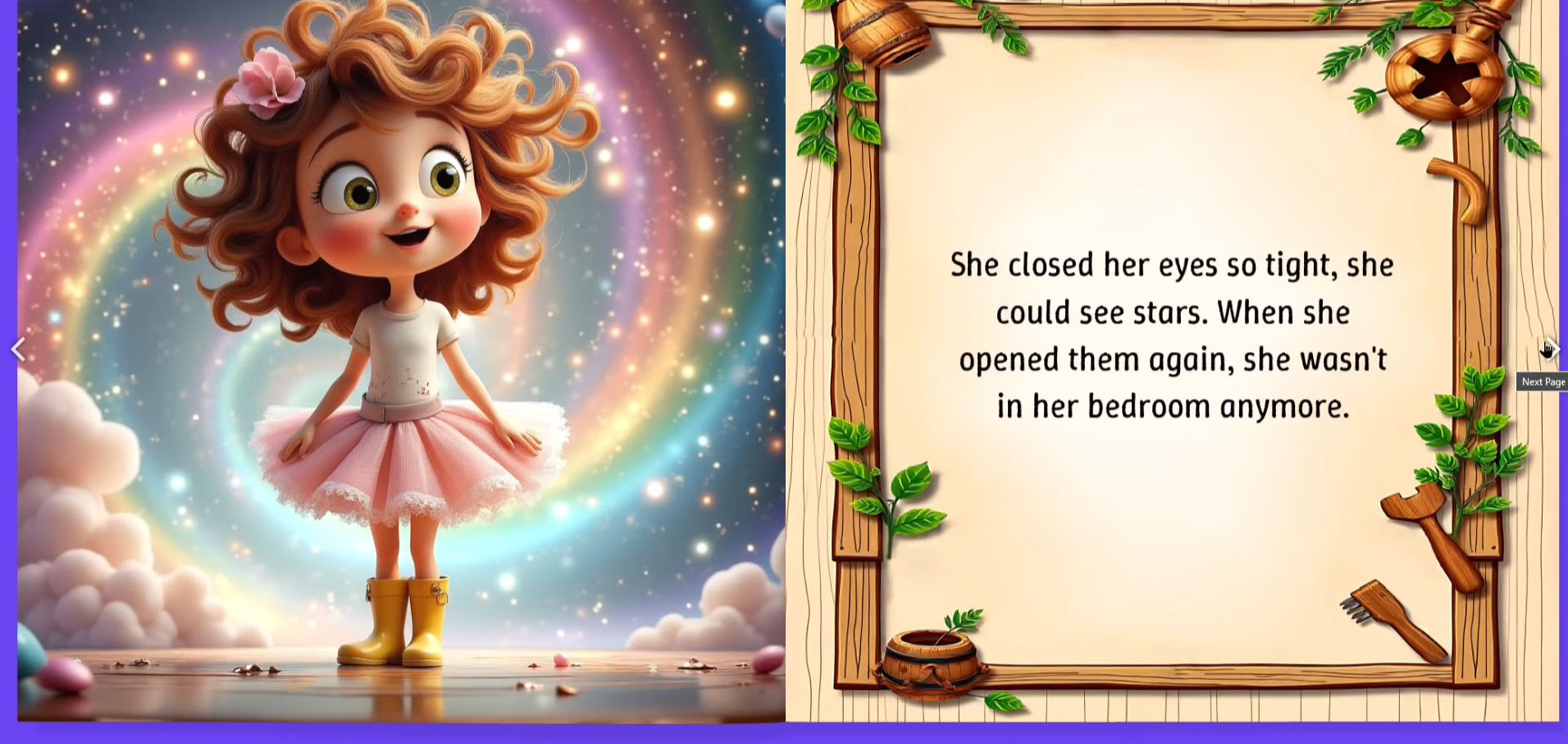 A two-page spread from a children's storybook created in Artistly, with a cartoon ballerina on the left and story text on the right.