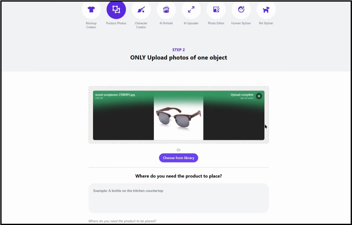 The Artistly interface for creating product photos, showing an uploaded image of sunglasses and a prompt box for placement instructions.
