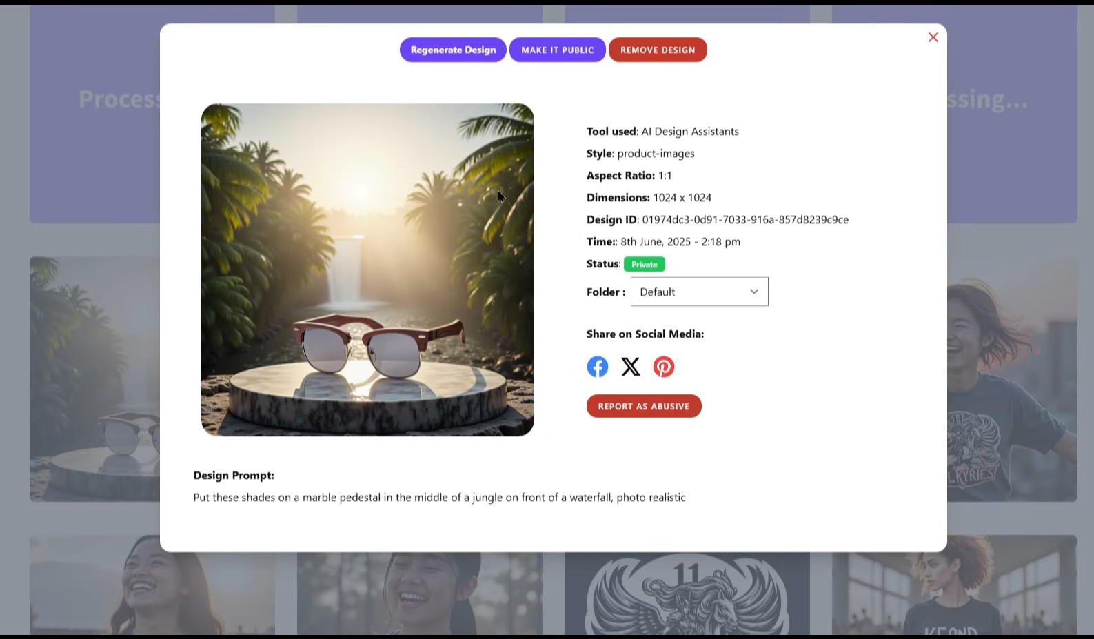 A generated image of sunglasses on a marble pedestal in a jungle, shown in an Artistly popup window with its design prompt and details.