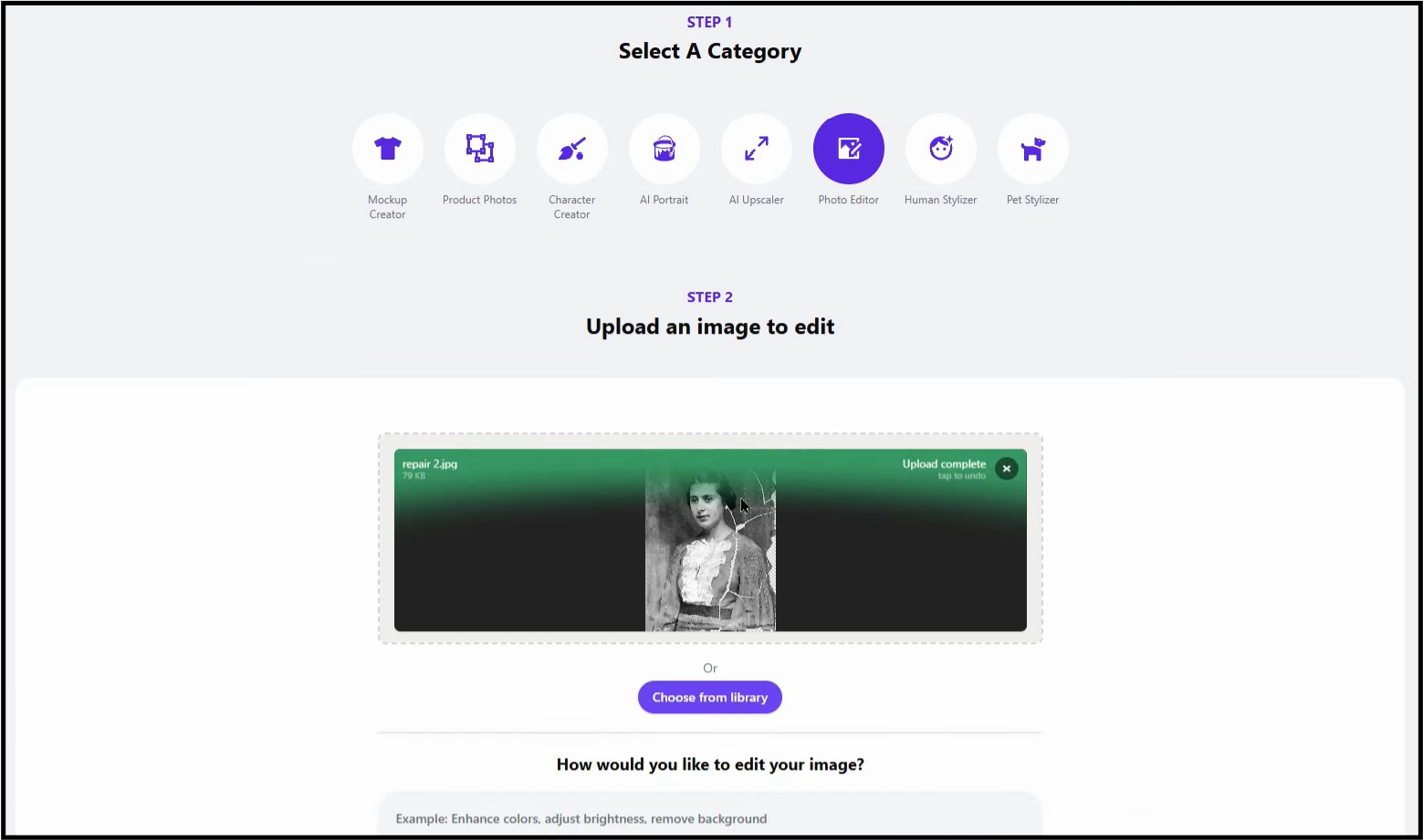 The Artistly Photo Editor interface showing an old, damaged black-and-white photo uploaded for editing, with a prompt box below asking for instructions.