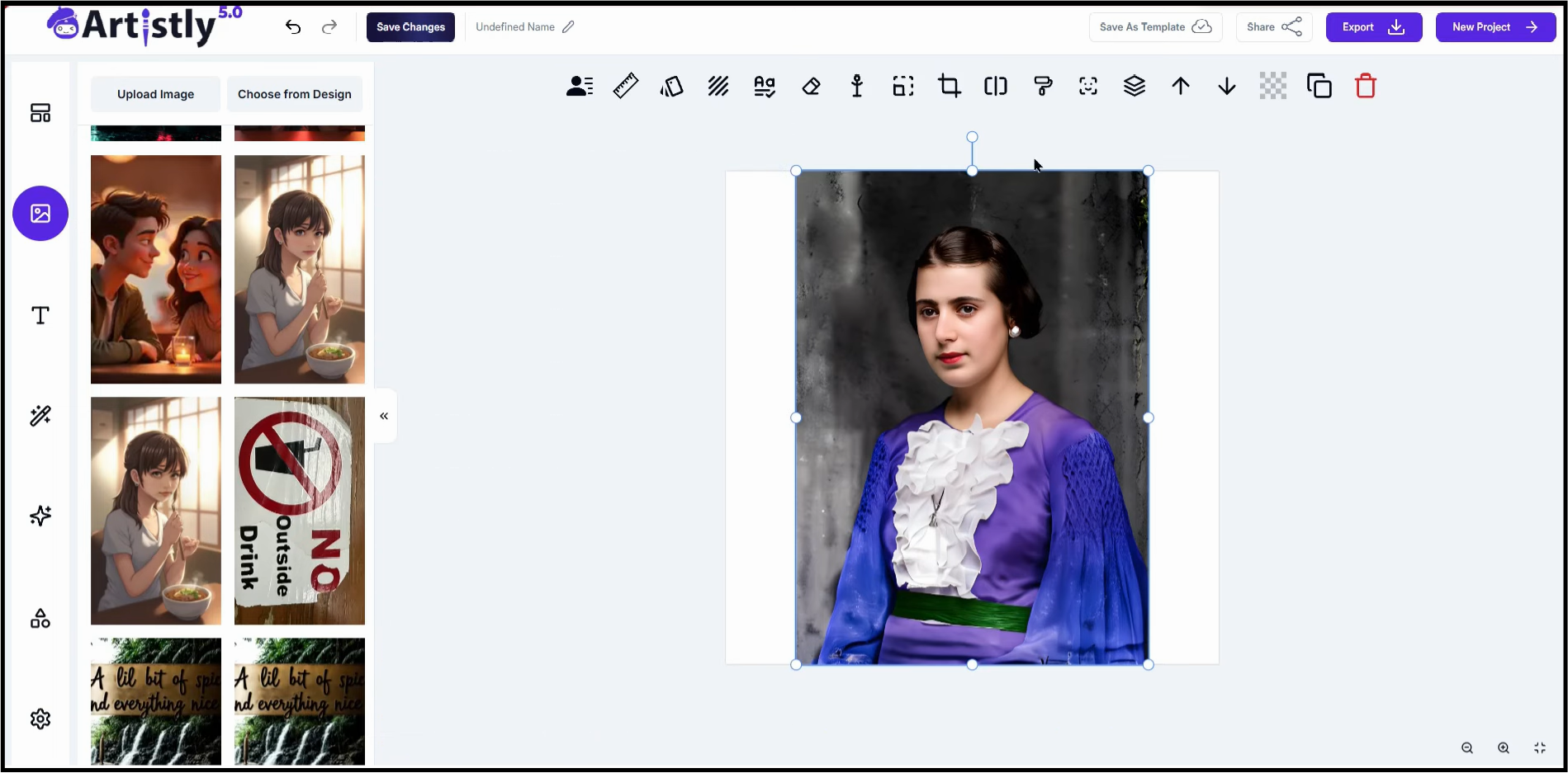 The restored and colorized vintage photo inside the Artistly image editor, showing the successful result of the Photo Editor tool.