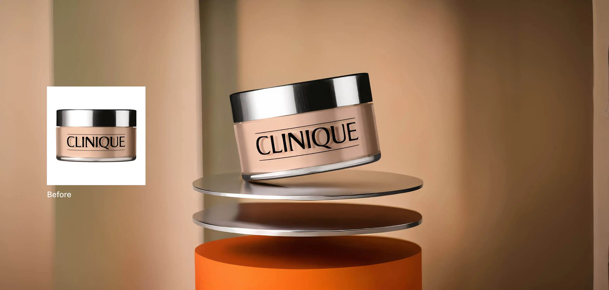 A before-and-after comparison showing a Clinique product container. The "before" image is a simple shot of the product on a white background. The "after" image showcases the same product rendered in a professional-looking, stylized advertisement with a blurred background and geometric platforms.