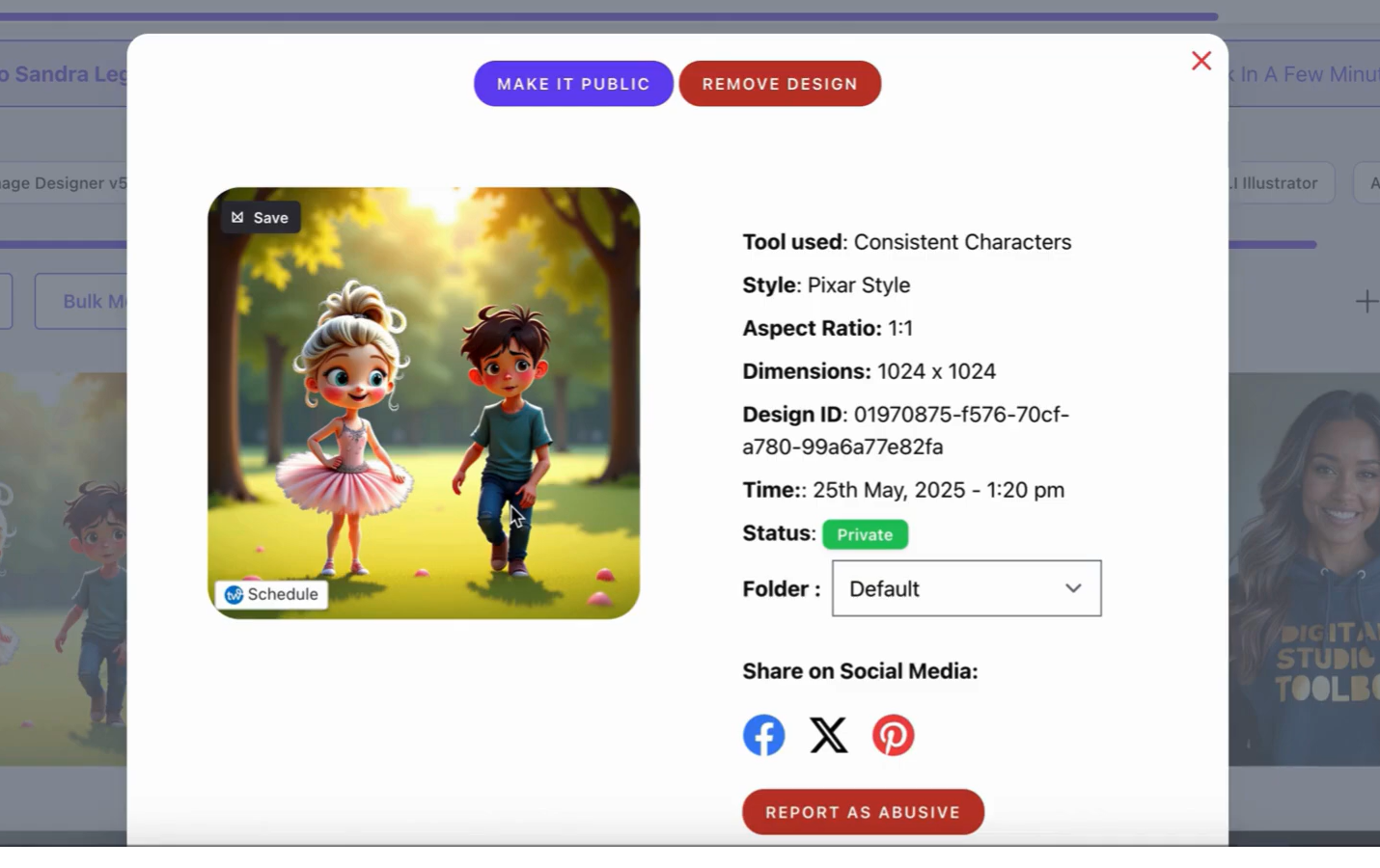 A Pixar-style image of a boy and a girl in a park, generated using Artistly's Consistent Characters tool, with design details shown.