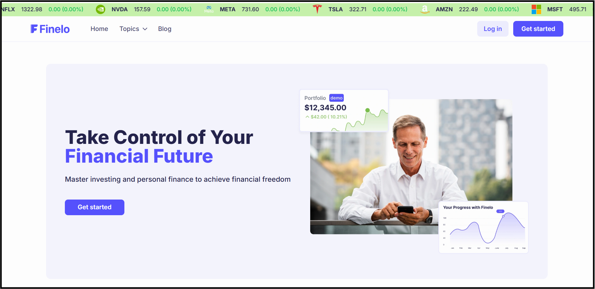 The Finelo website homepage with the headline "Take Control of Your Financial Future." It shows a happy man using the app on his phone, creating an aspirational image of financial success.