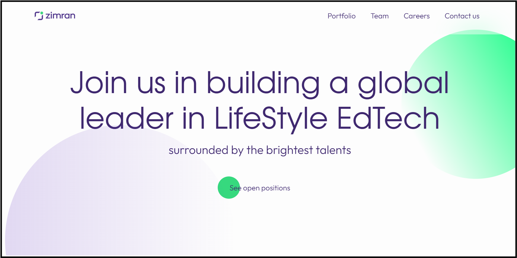 Homepage of Zimran, the parent company of Finelo. The text reads, "Join us in building a global leader in LifeStyle EdTech," promoting a modern and ambitious company culture.