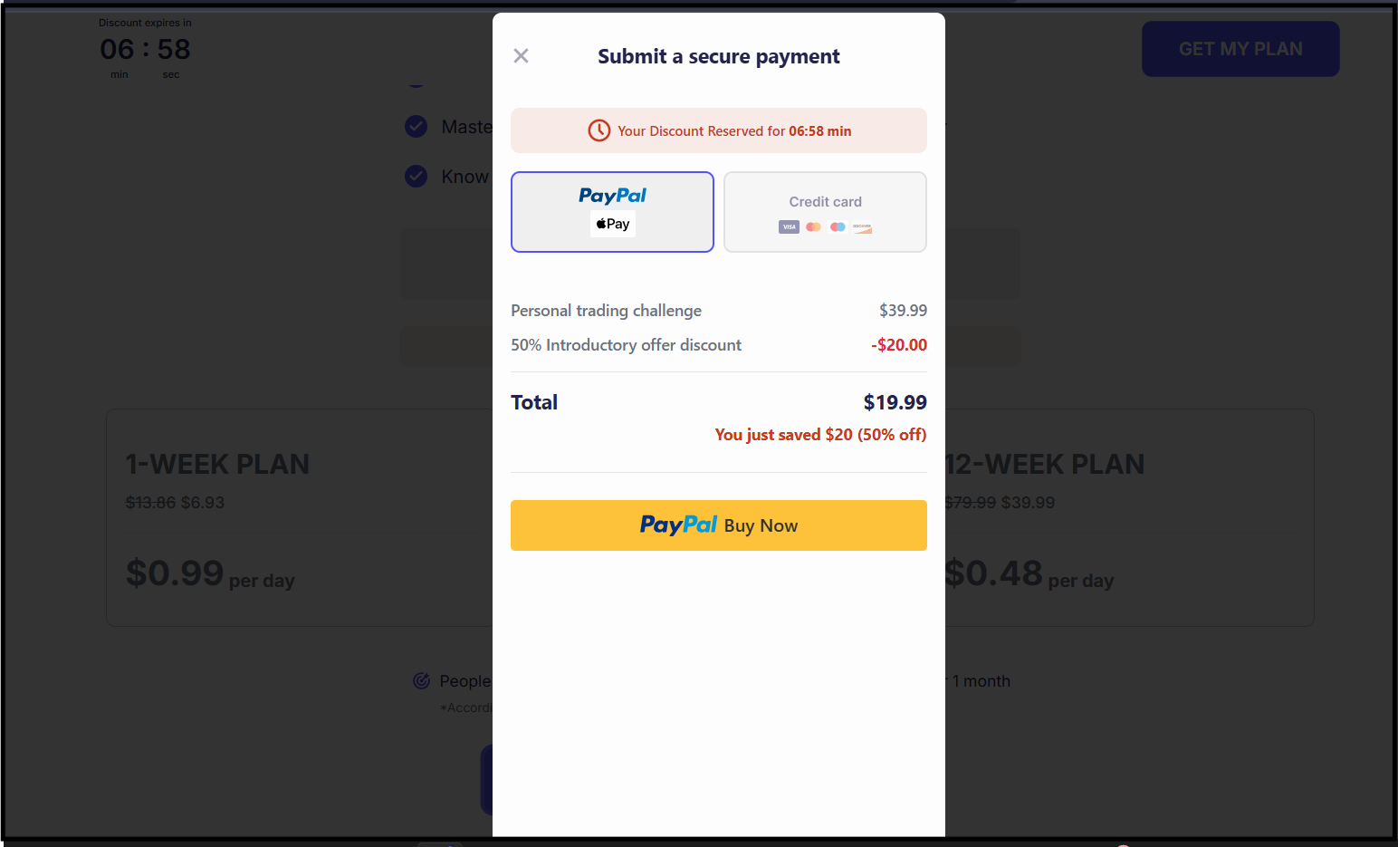 Screenshot of the Finelo payment page showing a "50% Introductory offer discount". The total price is $19.99 after a $20 discount. A countdown timer indicates the discount is temporary, creating urgency to complete the purchase.