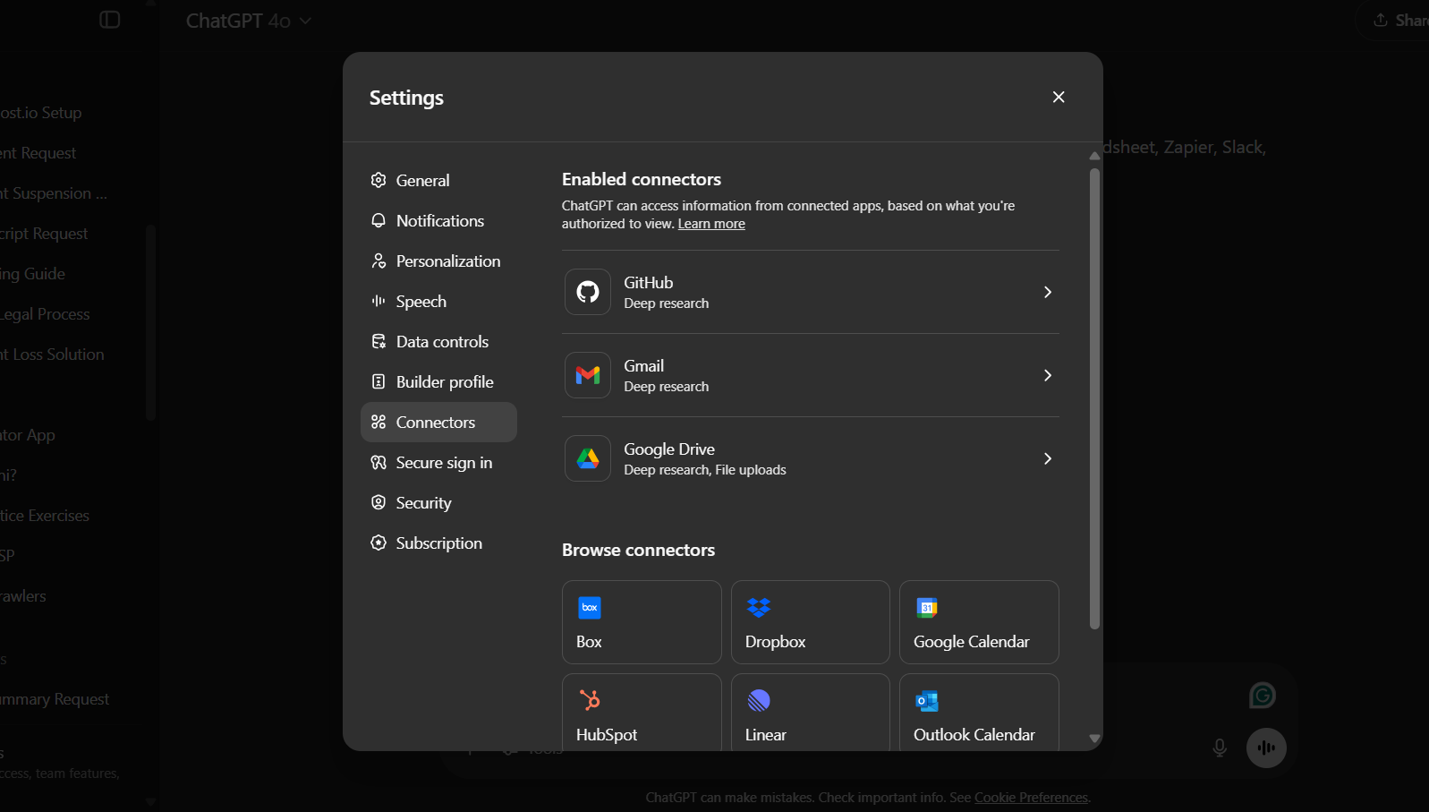 ChatGPT settings showing enabled connectors like GitHub, Gmail, and Google Drive, with additional options to browse connectors such as Box, Dropbox, Google Calendar, and HubSpot.