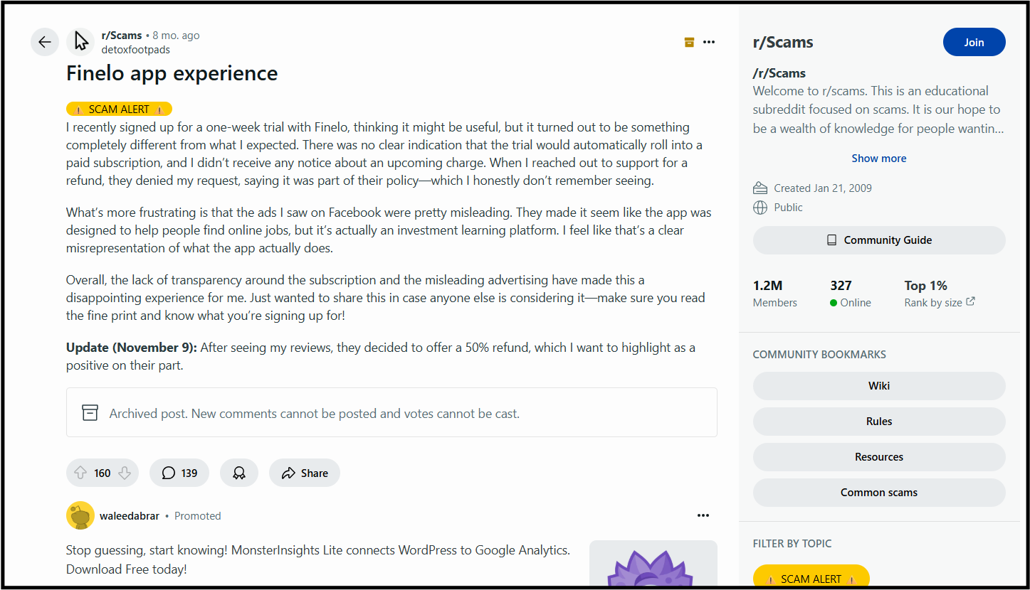 A Reddit post from the r/Scams subreddit titled "Finelo app experience." The user details being charged for a subscription without notice after a one-week trial and being denied a refund, calling the advertising misleading.