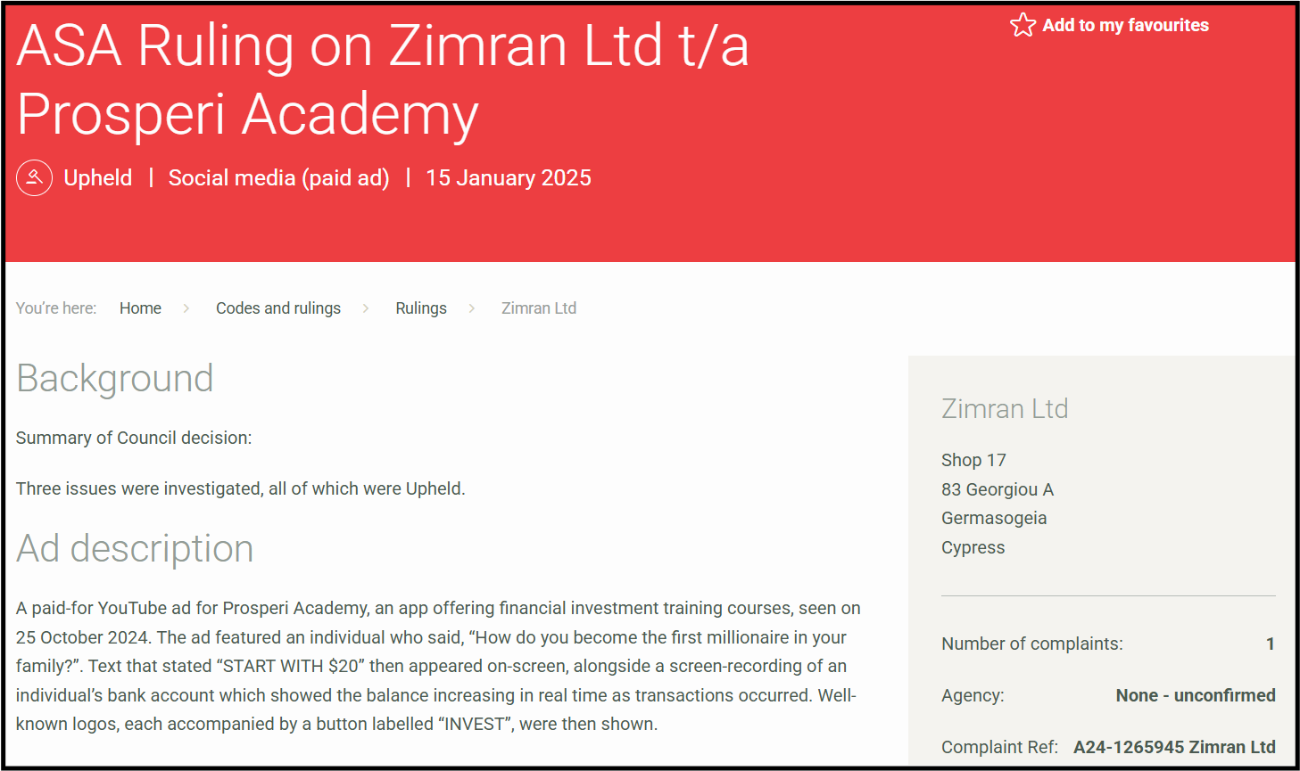 Screenshot of the official UK Advertising Standards Authority (ASA) ruling against Zimran Ltd for their Prosperi Academy app. The ruling, dated 15 January 2025, confirms that complaints about a misleading social media ad were upheld, validating user concerns.