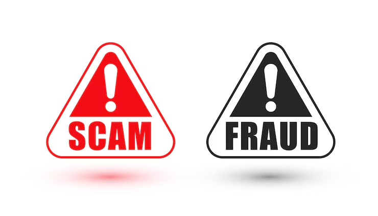 A graphic showing two triangular warning signs. The red sign says "SCAM" and the black sign says "FRAUD," both with an exclamation mark, symbolizing a warning against deceptive activities.