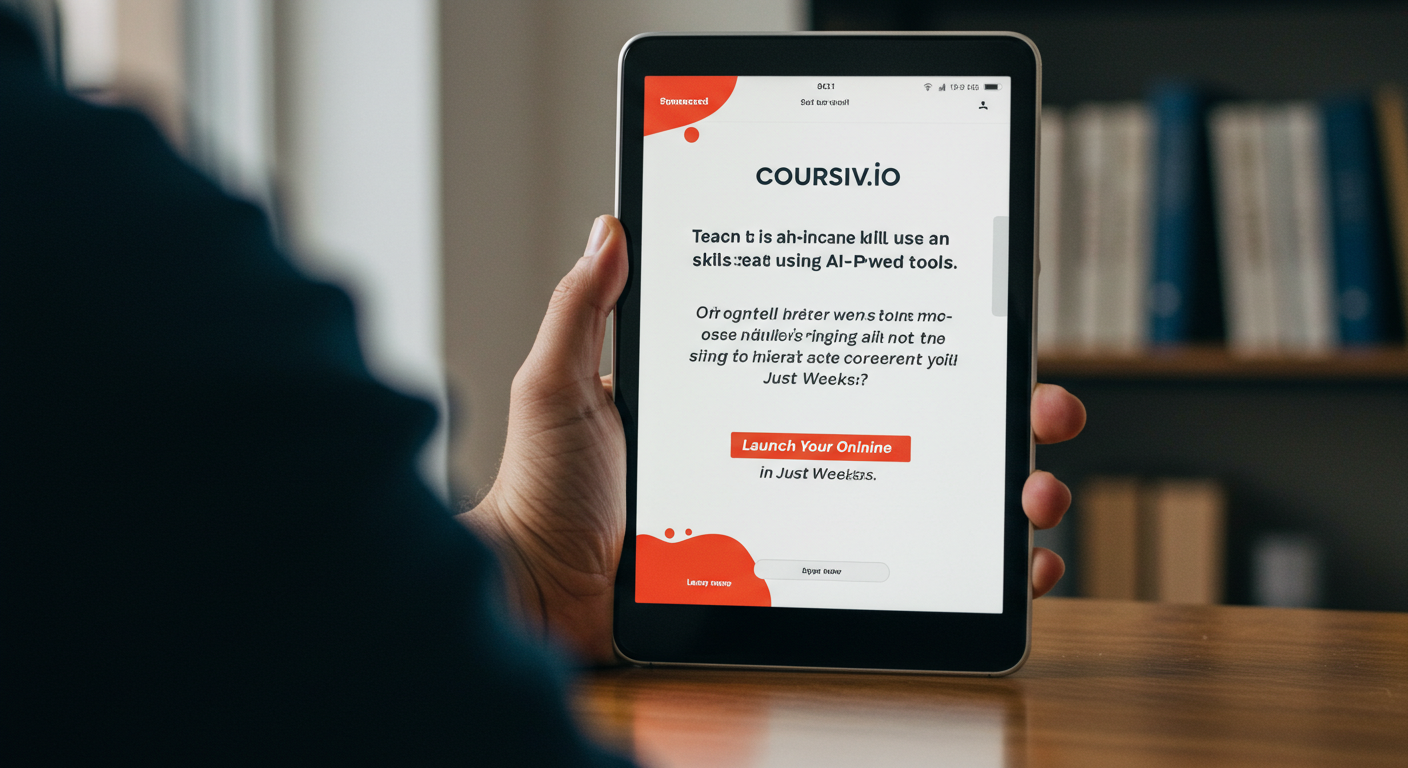 A person holds a tablet displaying the "Coursiv.io" website with text about AI-powered tools and launching an online presence.