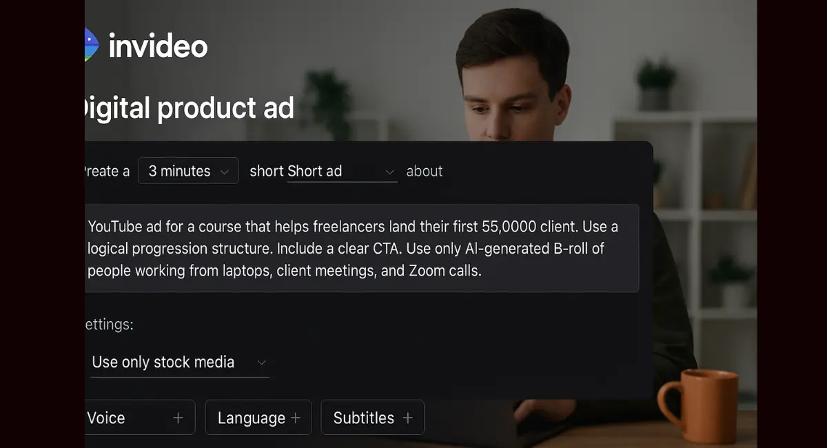 An InVideo AI ad creation screen with details for a YouTube ad about a course for freelancers.