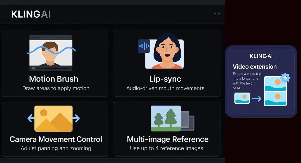 A graphic displaying key features of Kling AI, including Motion Brush, Lip-sync, Camera Movement Control, Multi-image Reference, and Video Extension.