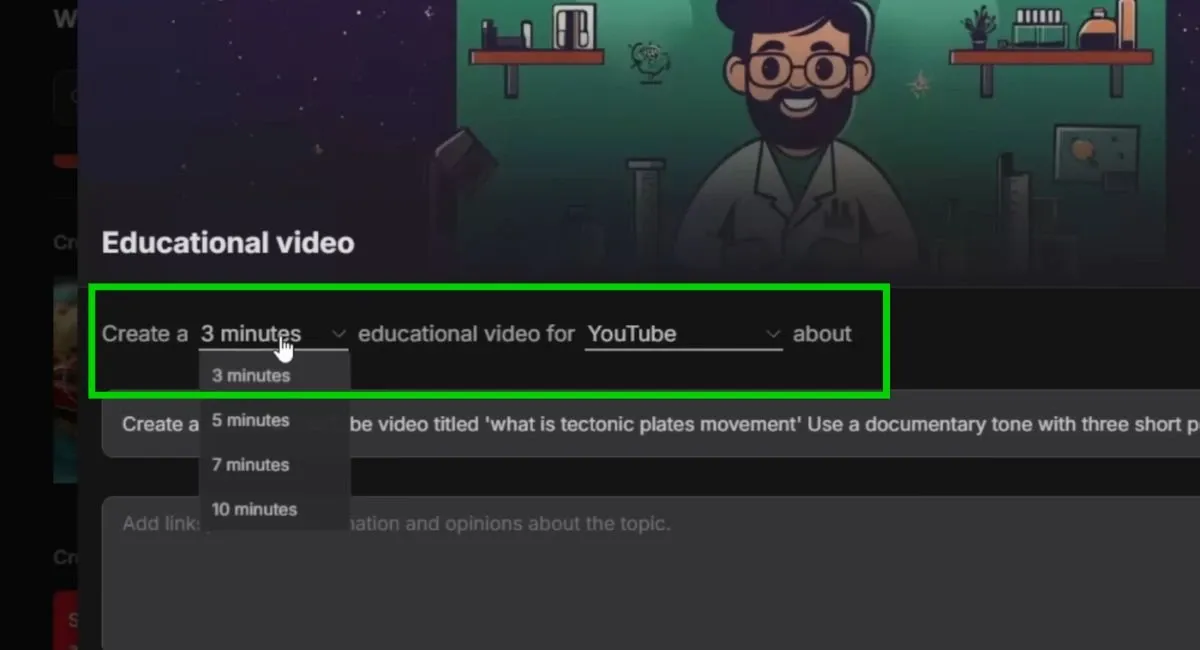 InVideo AI dashboard showing video length options in a dropdown.
