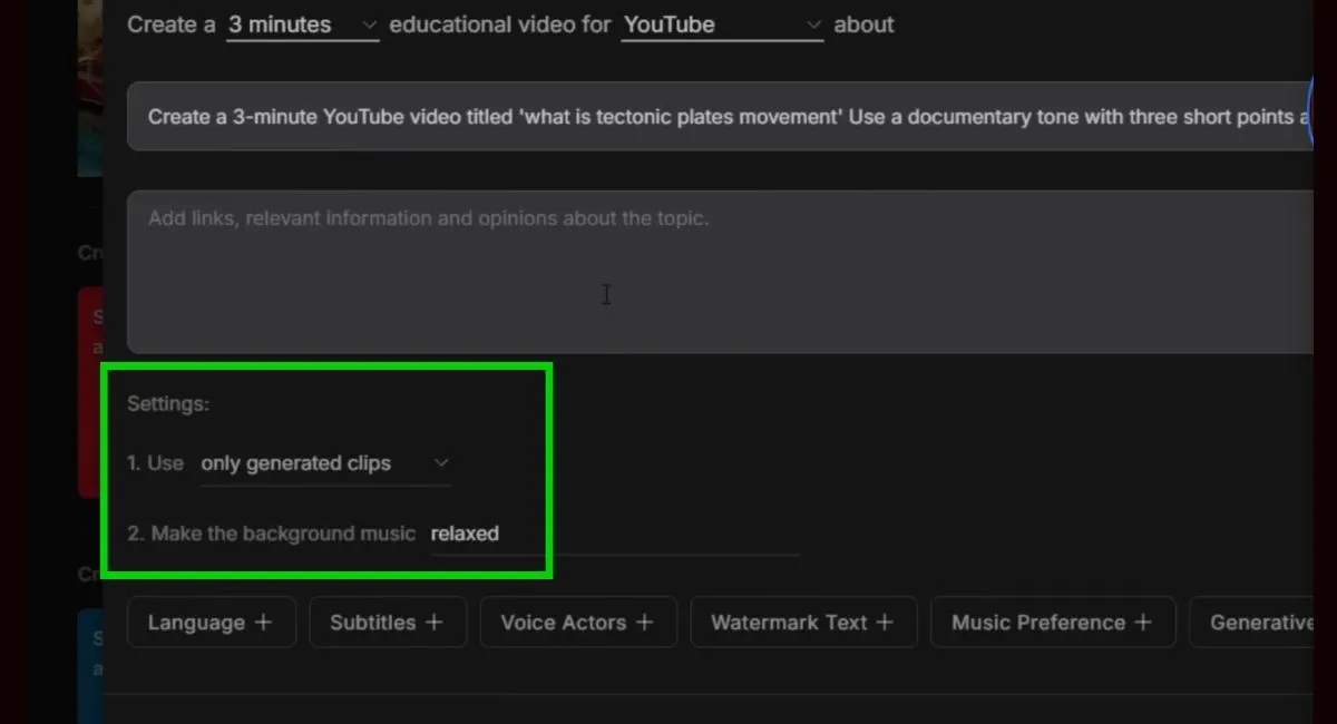 InVideo AI: settings for clip generation and background music, showing "only generated clips" and "relaxed" music.