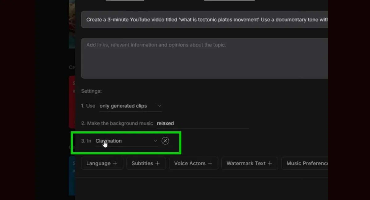 nVideo AI dashboard showing "Claymation" selected for animation style.