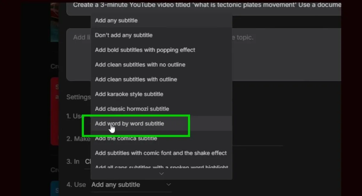 InVideo AI subtitle options dropdown with "Add word by word subtitle" highlighted.