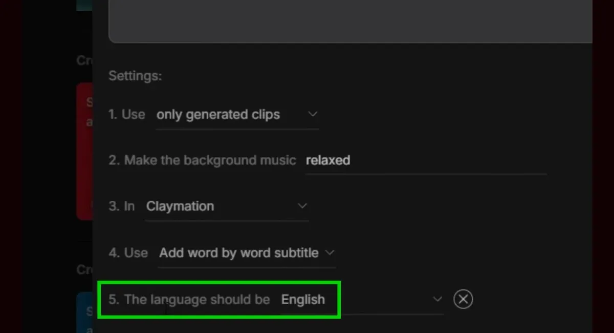 InVideo AI settings displaying "The language should be English" for video creation.