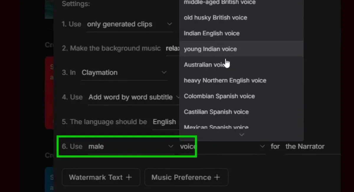 InVideo AI settings showing a dropdown menu for voice options, with "young Indian voice" highlighted and "male" selected for the narrator.