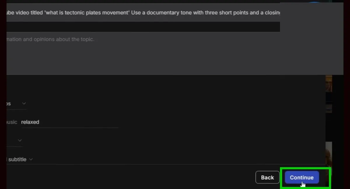InVideo AI dashboard with the "Continue" button highlighted in green.