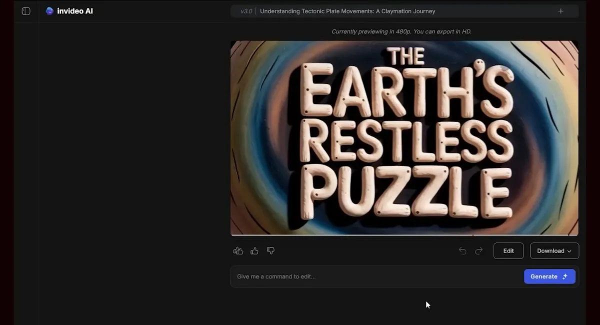 InVideo AI interface displaying a video title screen that reads "THE EARTH'S RESTLESS PUZZLE".