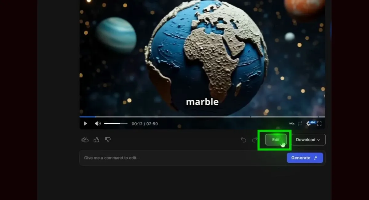 InVideo AI video player showing a globe with "marble" text, and an "Edit" button highlighted.