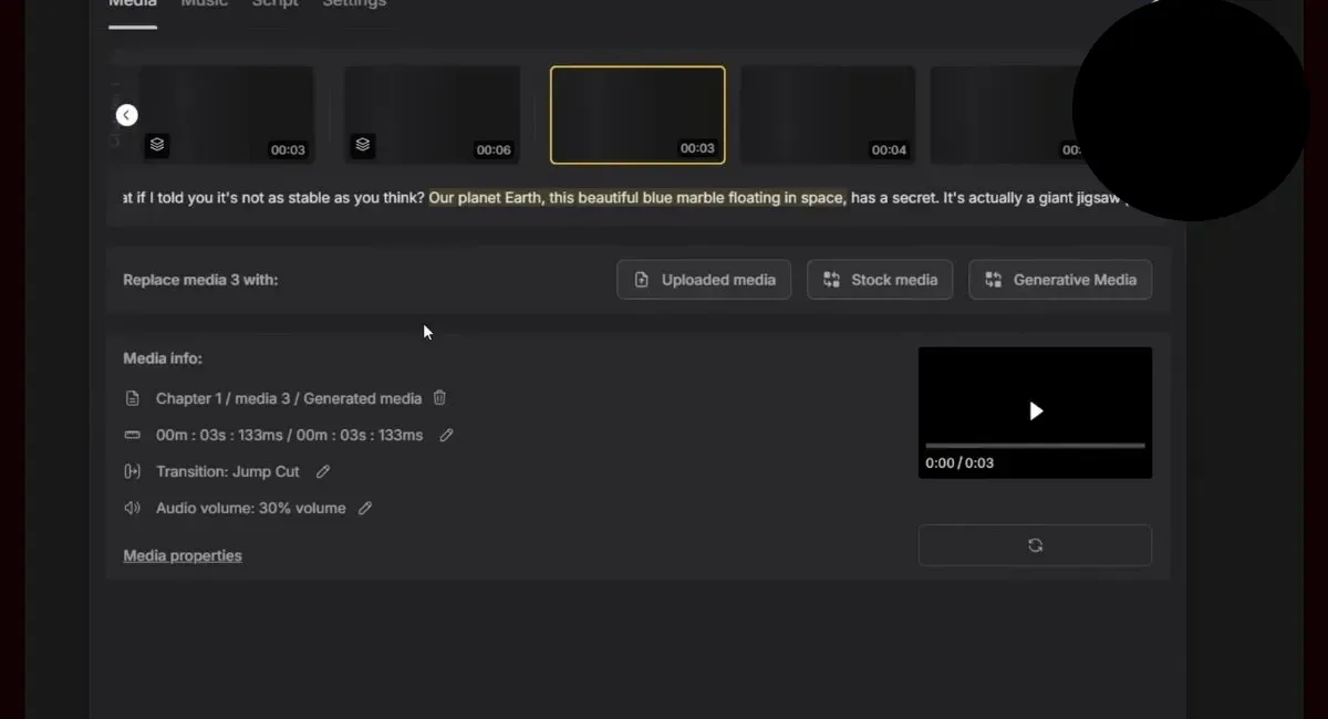 InVideo AI's media editing interface, showing timeline thumbnails, media replacement options, and media information for a selected clip.