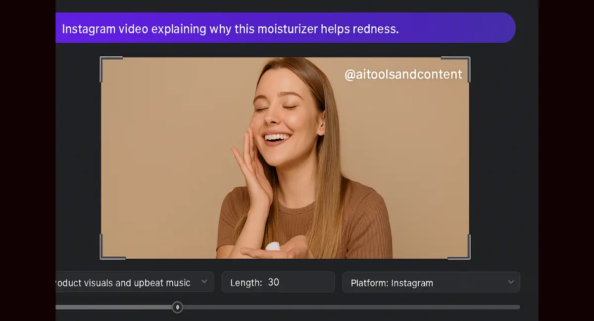 An InVideo AI screen showing a young woman applying moisturizer, with a text box at the top stating "Instagram video explaining why this moisturizer helps redness."