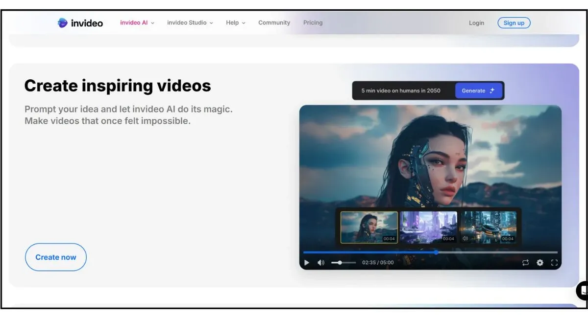Invideo AI homepage showing video creation interface.