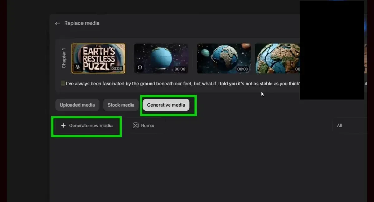 InVideo AI's "Replace media" screen, showing options for "Generative media" and "Generate new media" highlighted.