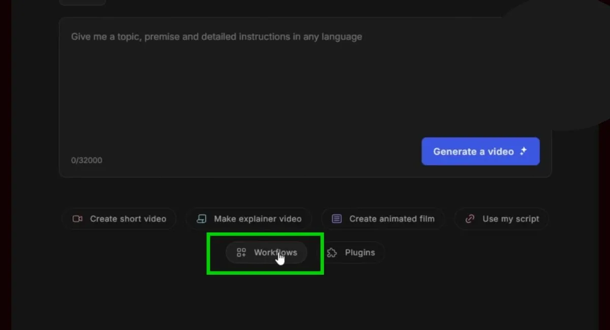 A screen with a text input field, a "Generate a video" button, and options below it, including "Workflows" highlighted with a green box.