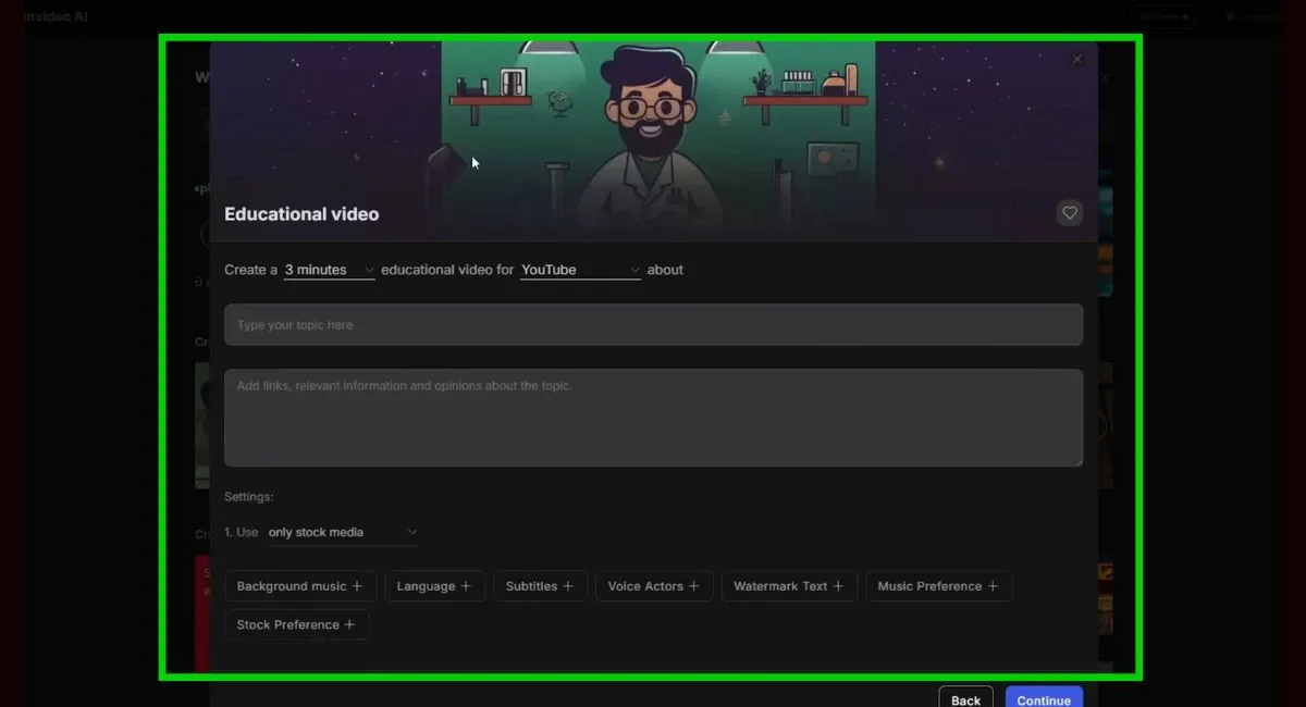 A screen displaying video creation options, including fields for topic, links, and settings like stock media, background music, language, and voice actors.