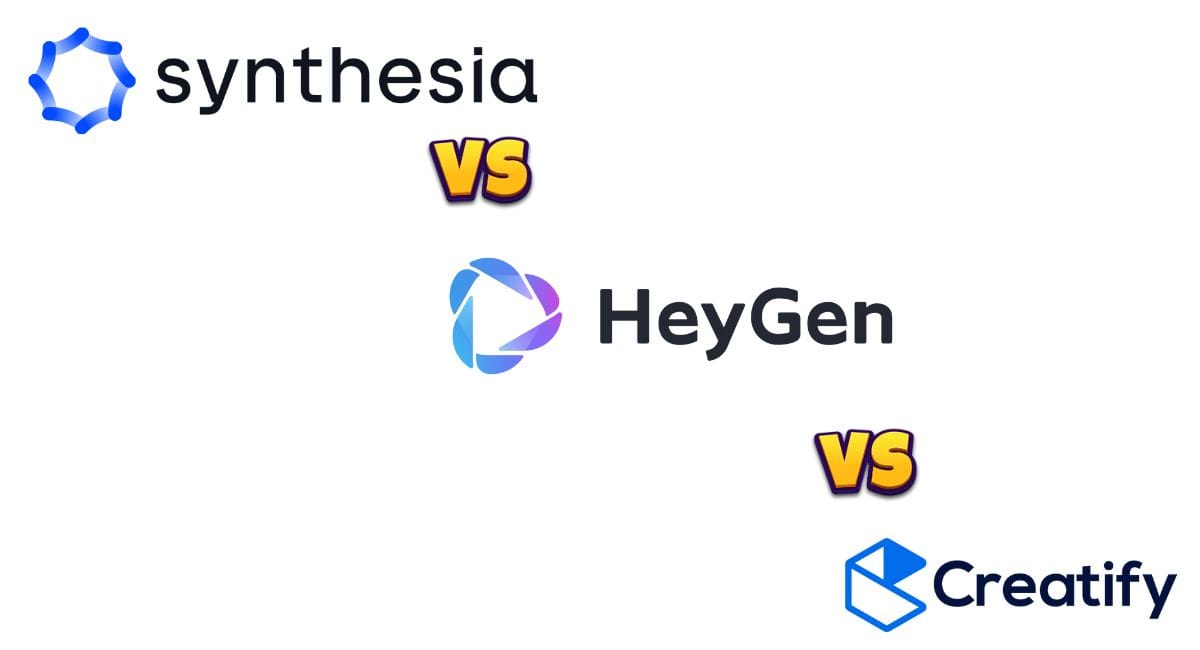 A clean white background featuring the logos of Synthesia, HeyGen, and Creatify arranged diagonally with bold “VS” text between each, implying a comparison of the three platforms.