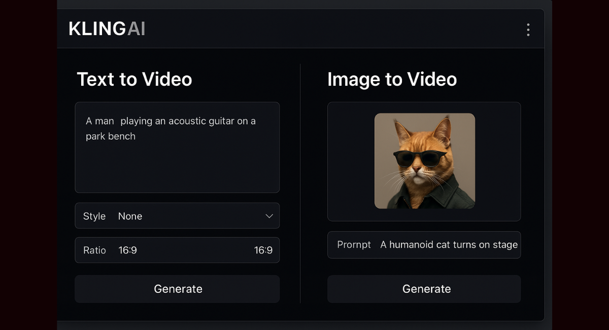 Screenshot of the Kling AI creation interface, showing the "Text to Video" and "Image to Video" generation options with example prompts.