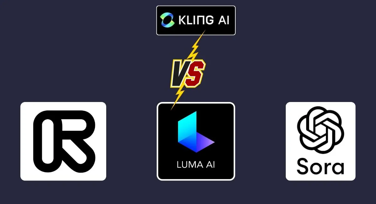 A graphic showing the Kling AI logo in a "versus" battle against the logos of its competitors: Runway, Luma AI, and OpenAI's Sora.