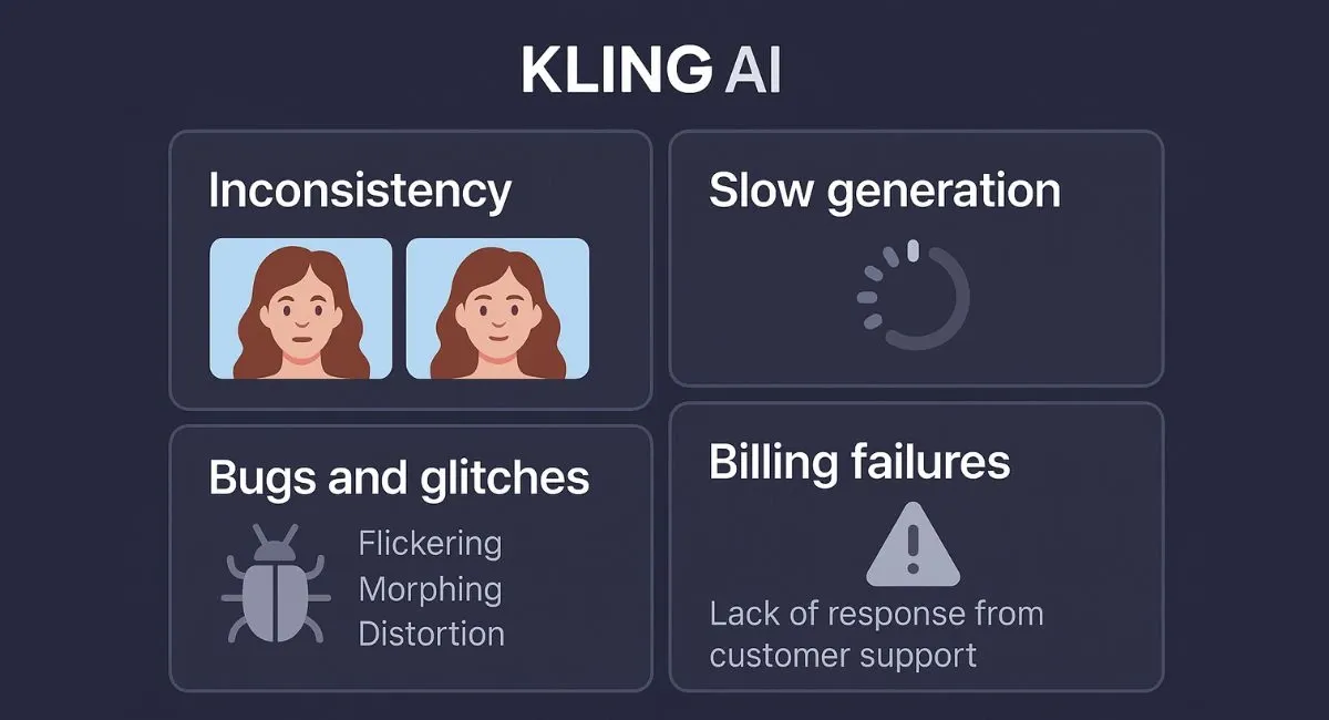 A graphic outlining the main problems with Kling AI: Inconsistency, Slow generation, Bugs and glitches, and Billing failures.
