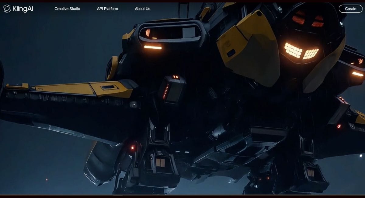 The homepage of the Kling AI website, featuring a cinematic, high-quality image of a futuristic yellow and black spacecraft.