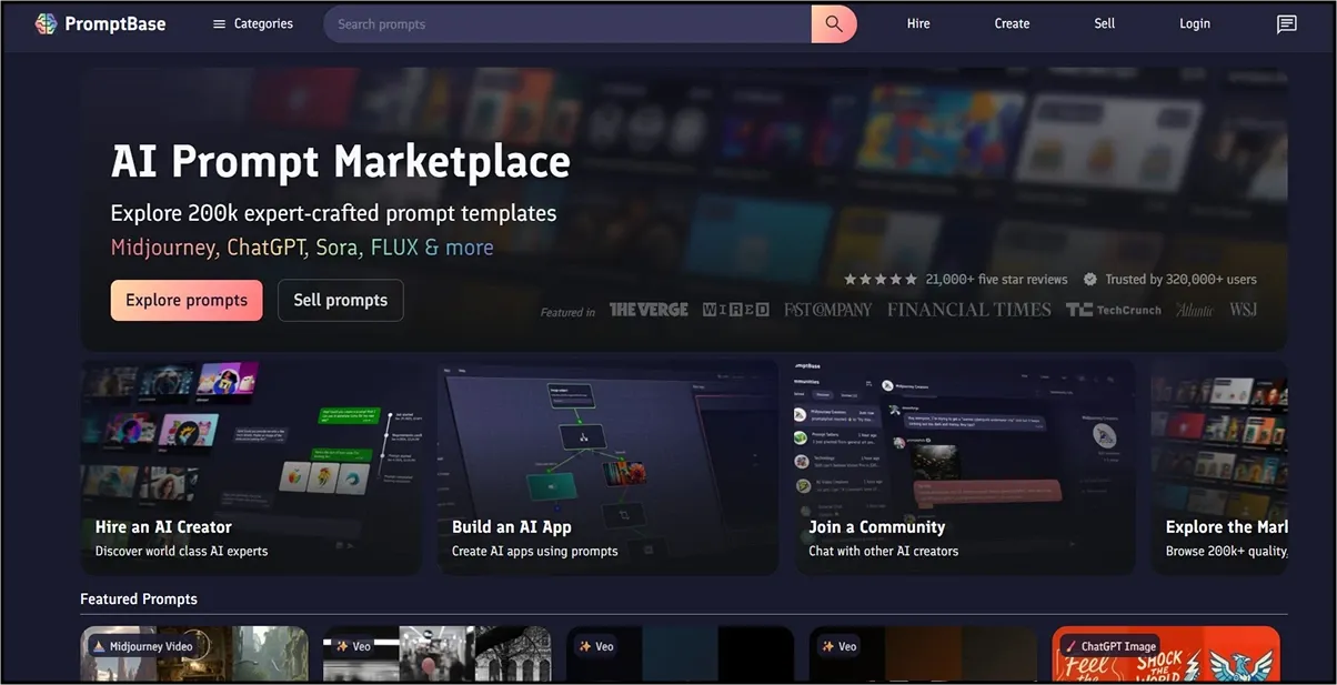 Homepage of PromptBase featuring AI prompts, tools, and creator marketplace options.