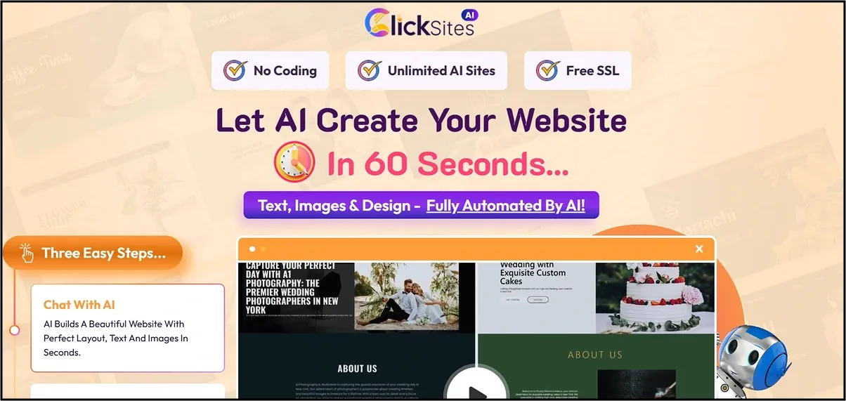 Landing page for ClickSites AI showcasing features like no coding and automated website creation.