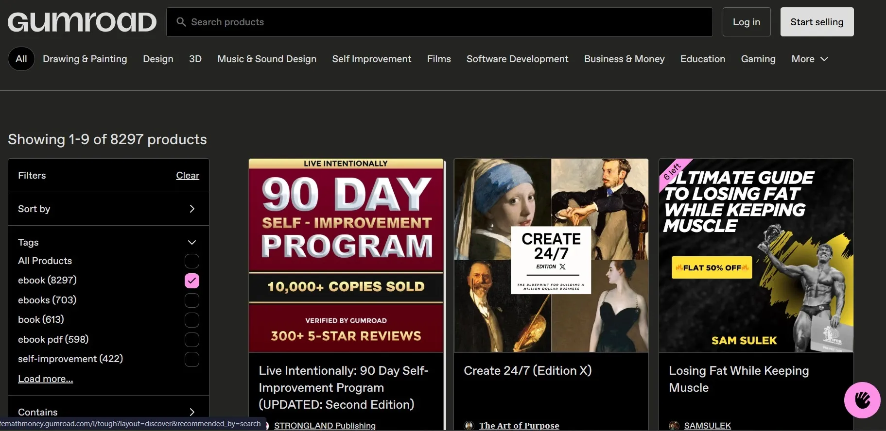 Gumroad product listings for eBooks including self-improvement and business guides.