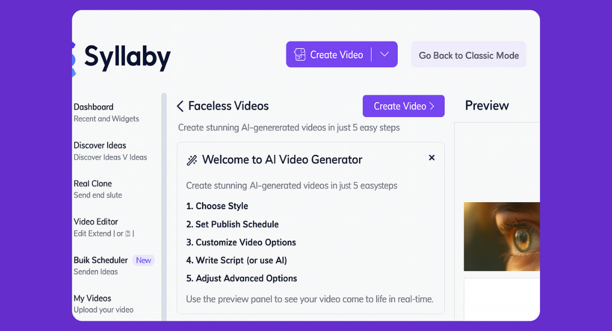 A screenshot of the Syllaby AI dashboard showing the Faceless Videos feature. It lists five steps to create AI-generated videos, including choosing style, publishing schedule, customizing options, writing a script, and adjusting advanced settings.