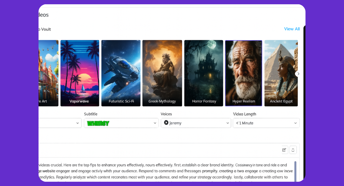 A preview of Syllaby AI’s faceless video styles including categories like Vaporwave, Futuristic Sci-Fi, Greek Mythology, and Hyper Realism. Dropdowns for subtitles, voices, and video length are visible.
