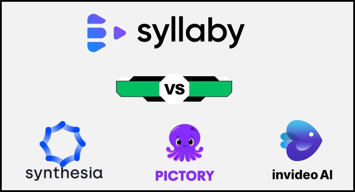 A comparison graphic showing Syllaby's logo at the top versus three competitor logos: Synthesia on the left, Pictory in the center, and InVideo AI on the right. A green and black "VS" banner is in the middle separating Syllaby from the other tools.