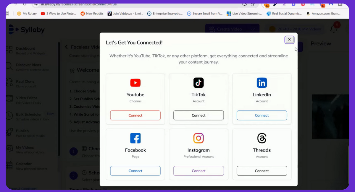 A popup from Syllaby AI prompting users to connect their social media accounts. Includes options for YouTube, TikTok, LinkedIn, Facebook, Instagram, and Threads, each with a 'Connect' button.