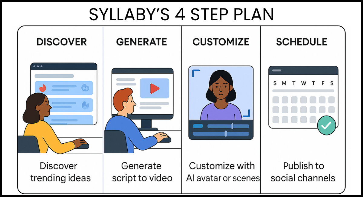 An illustrated graphic showing Syllaby’s four-step content creation process: Discover trending ideas, Generate script to video, Customize with AI avatar or scenes, and Schedule for social channels.