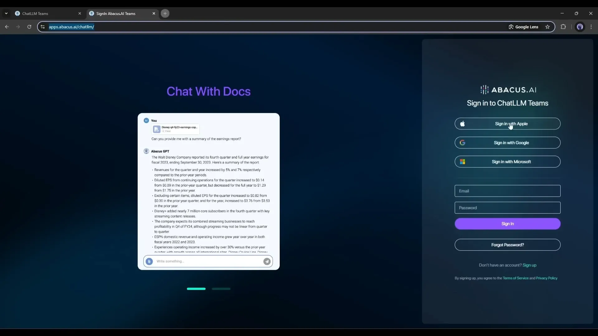 Abacus.AI login screen with a chatbot on the left summarizing a Disney earnings report and sign-in options on the right.